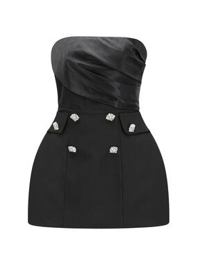 Strapless Black Mini Dress with Jewel Button Detail